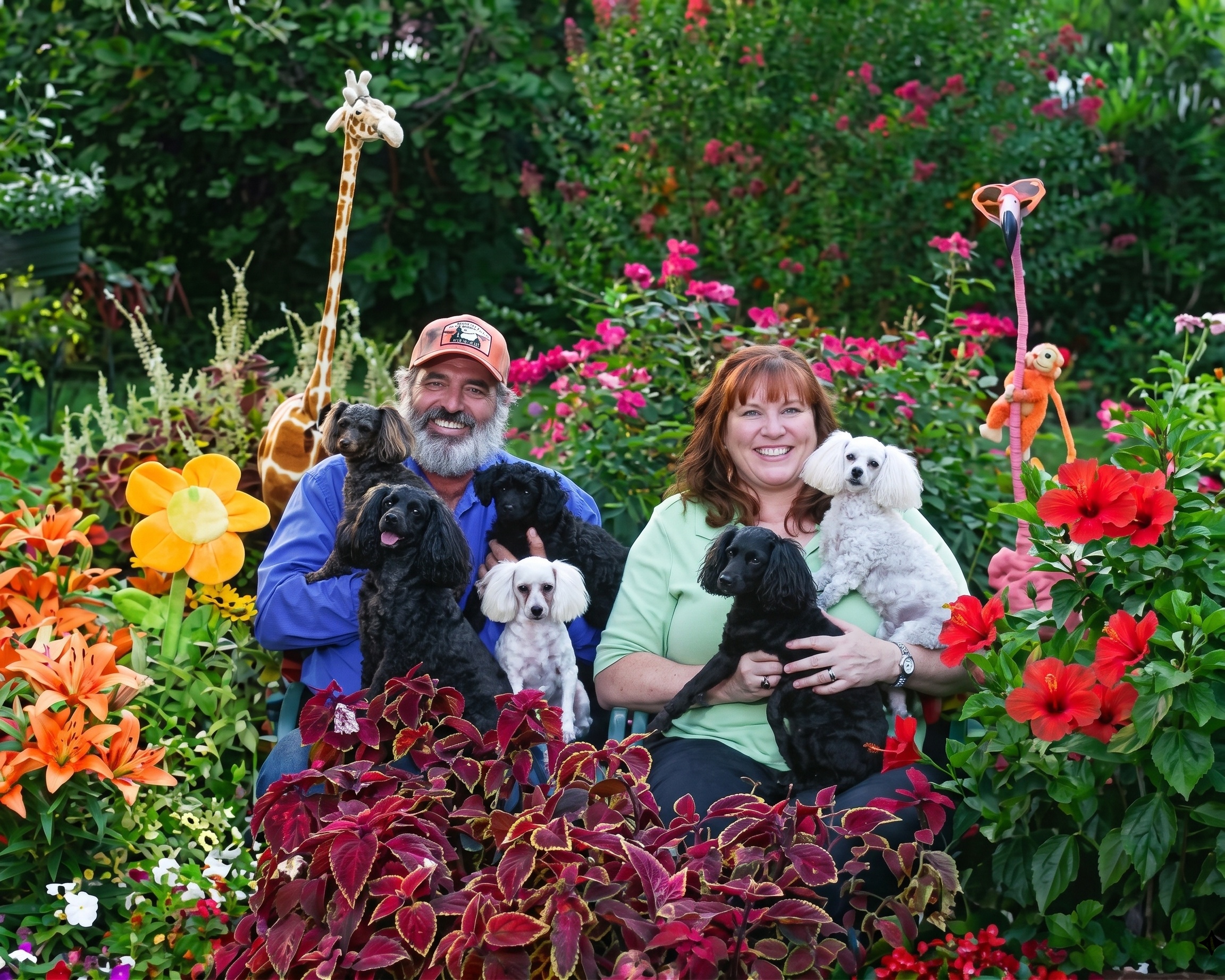 Frenchy and Teri with their toy poodles in their garden