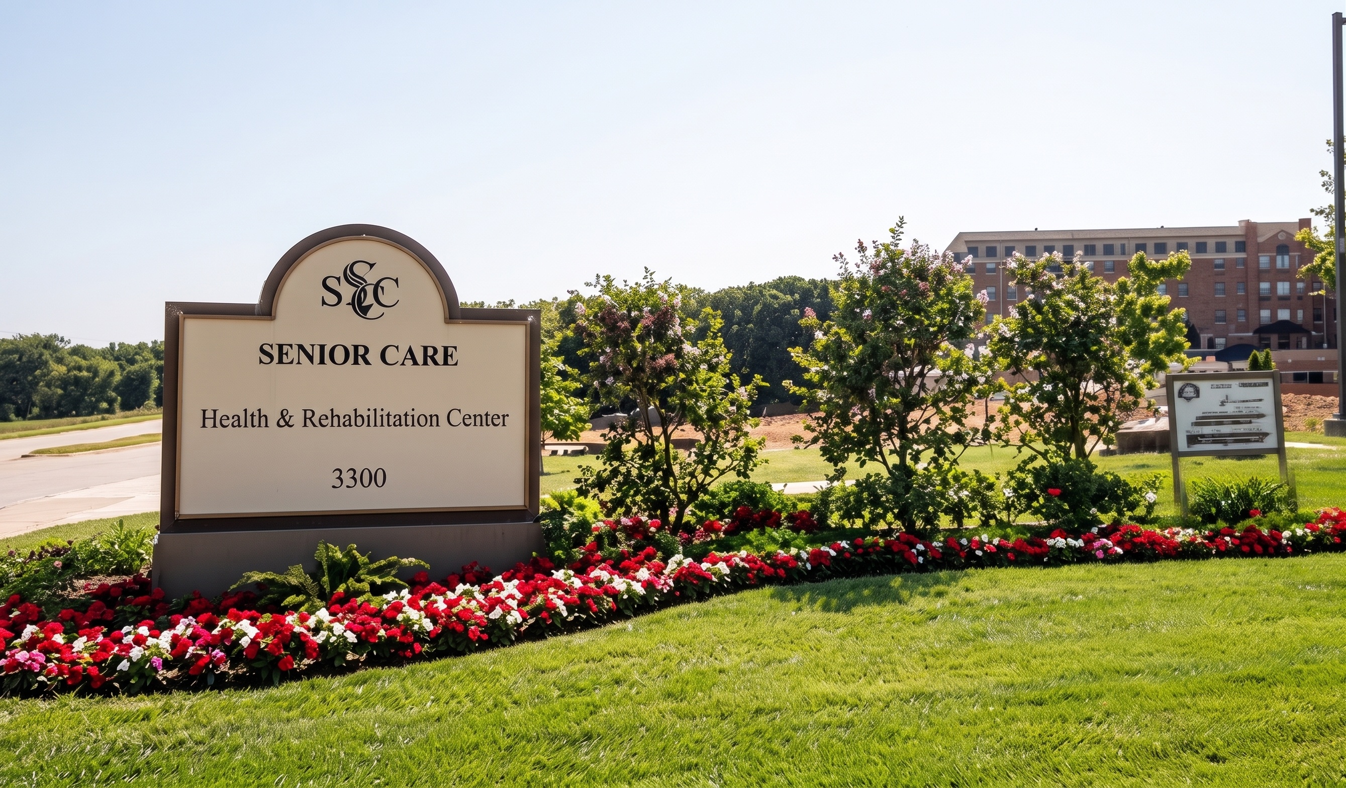 Senior Care yard of the month sign and flower bed