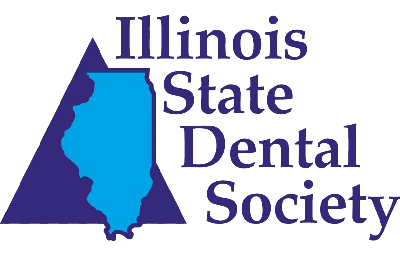 Logo of the Illinois State Dental Society, depicting an outline of the state in a cerulean blue overlaying a dark blue triangle with the society's name to the right.