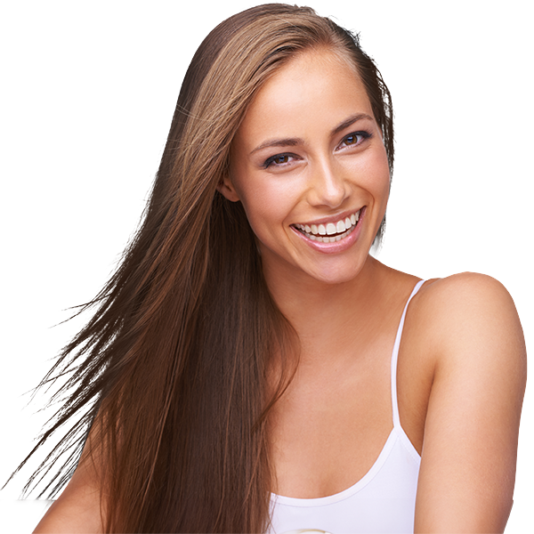 Happy caucasian women with brown eyes and long brown strait hair parted on the side wearing a white tanktop with skinny straps. She has a big smile showing her teeth