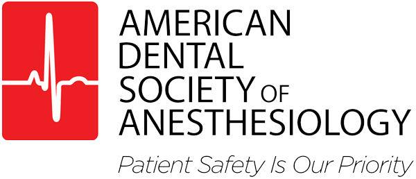 Red square logo with a white EKG heartbeat line running horizontally across the center for the American Dental Society of Anesthesiology, with smaller sub text patient safety in our priority.