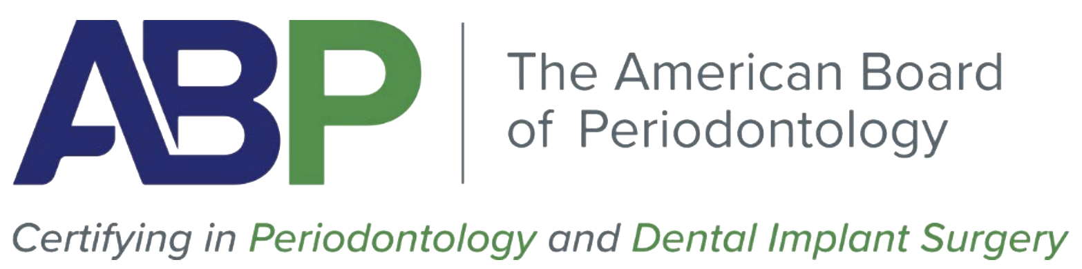 Logo of The American Board of Periodontology with green lettering 'ABP' on a white background and a green shield outline with a smaller subtext that reads Certifying the Specialty of Periodontology and Dental Implant Surgery.