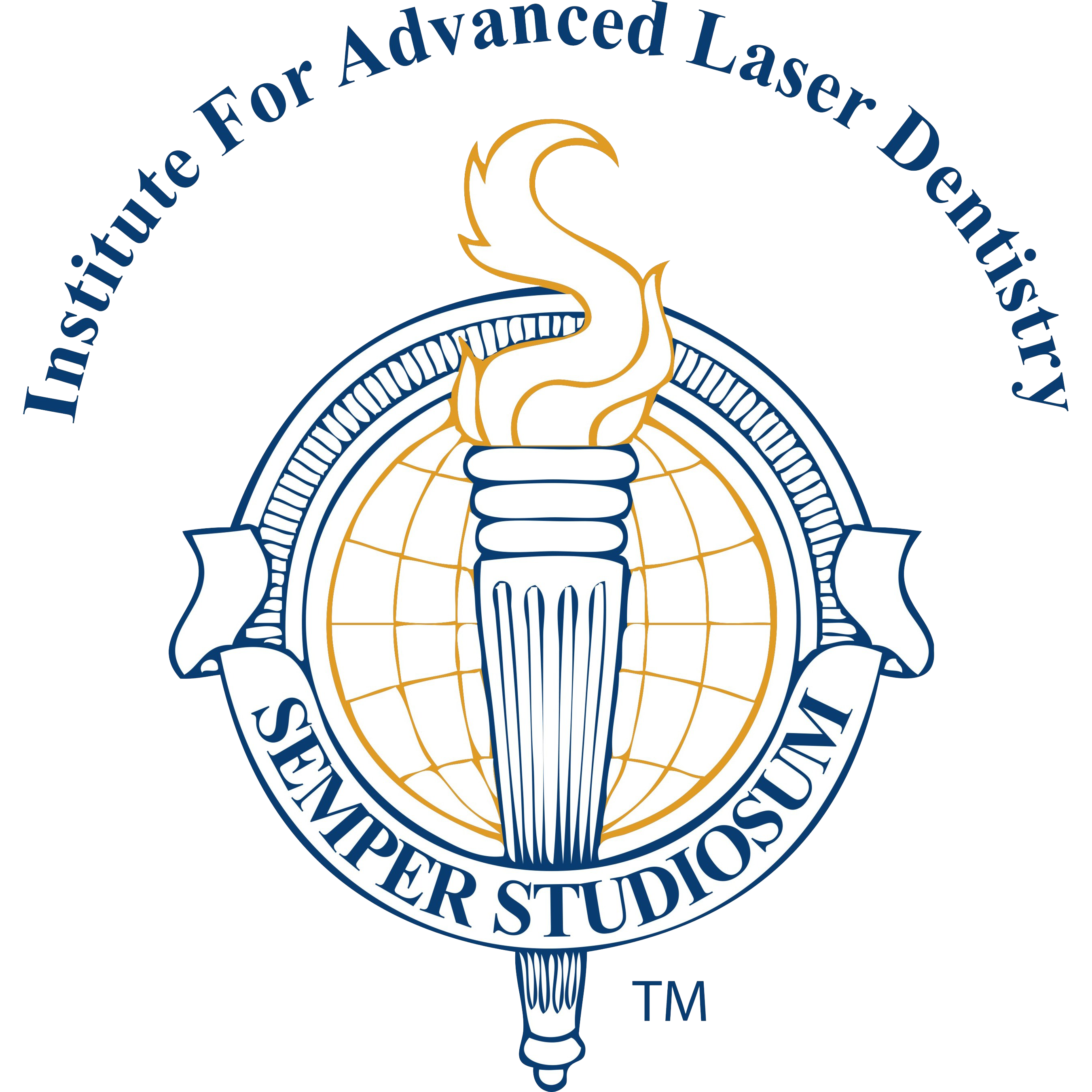 Logo LANAP Surgical with Blue torch with gold flame and shield surrounded by a round crest with the words  Semper Studiosum in a banner and the Institute For Advanced Laser Dentistry above with a TM symbol at the bottom