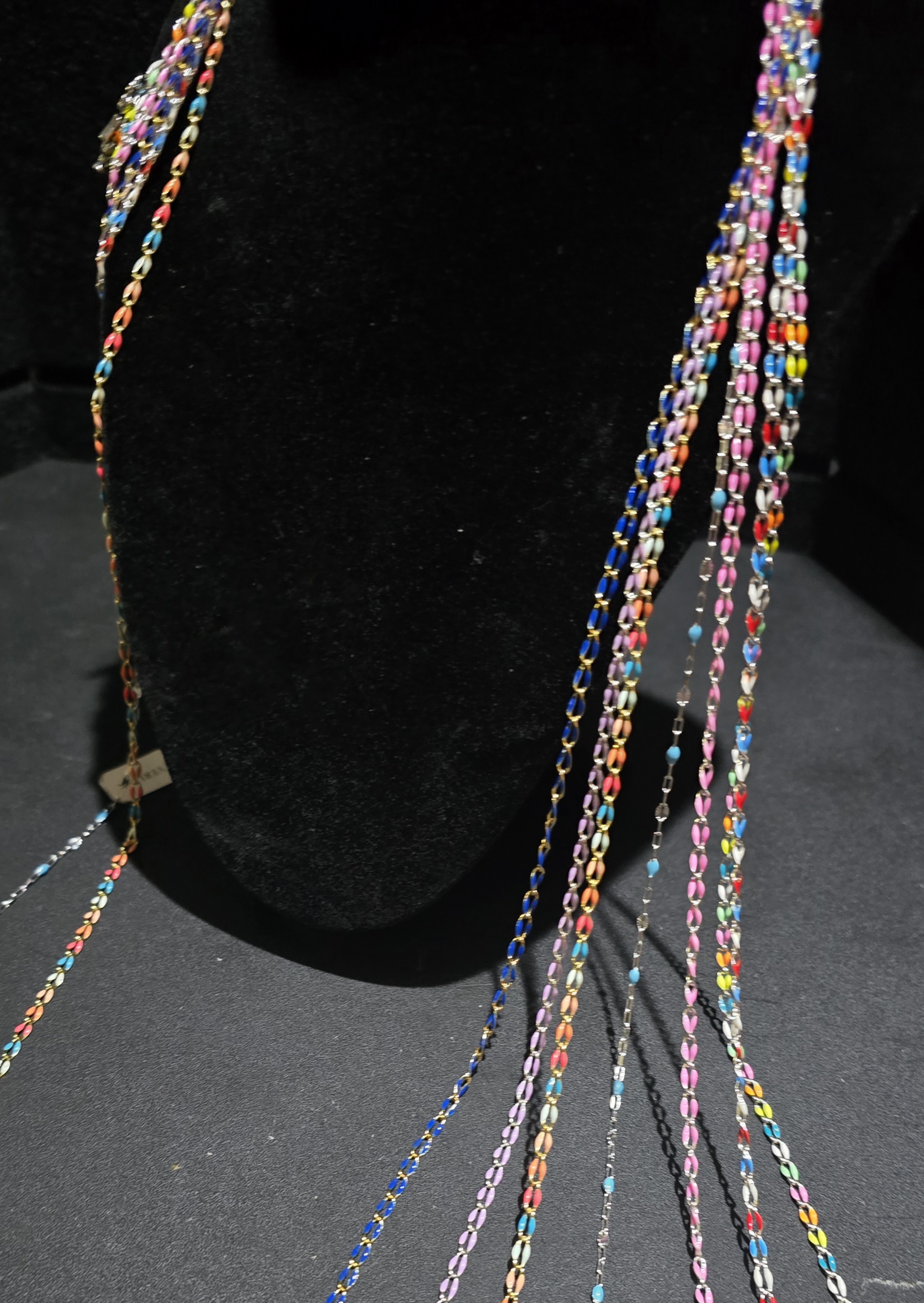 Colored enamel and gold anklet chain styles on display at Eternally Linked Bling, Payson AZ