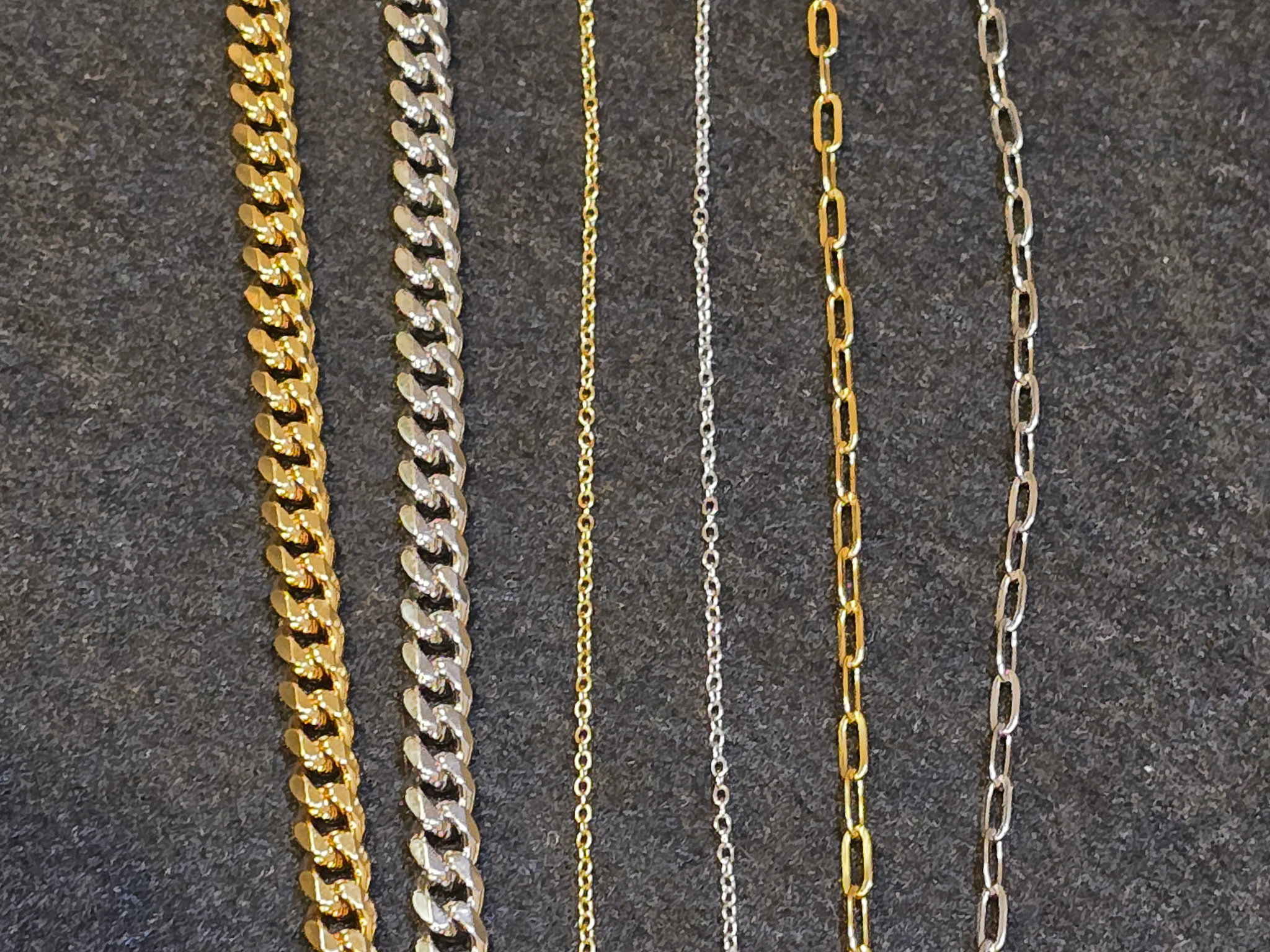 Permanent jewelry chain styles flat lay cubana cable paper-clip gold silver