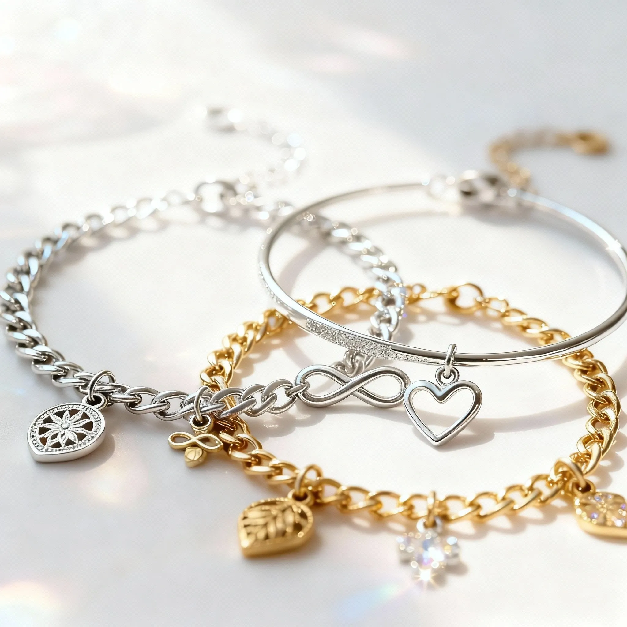 Charm bracelet collection silver and gold permanent jewelry Arizona