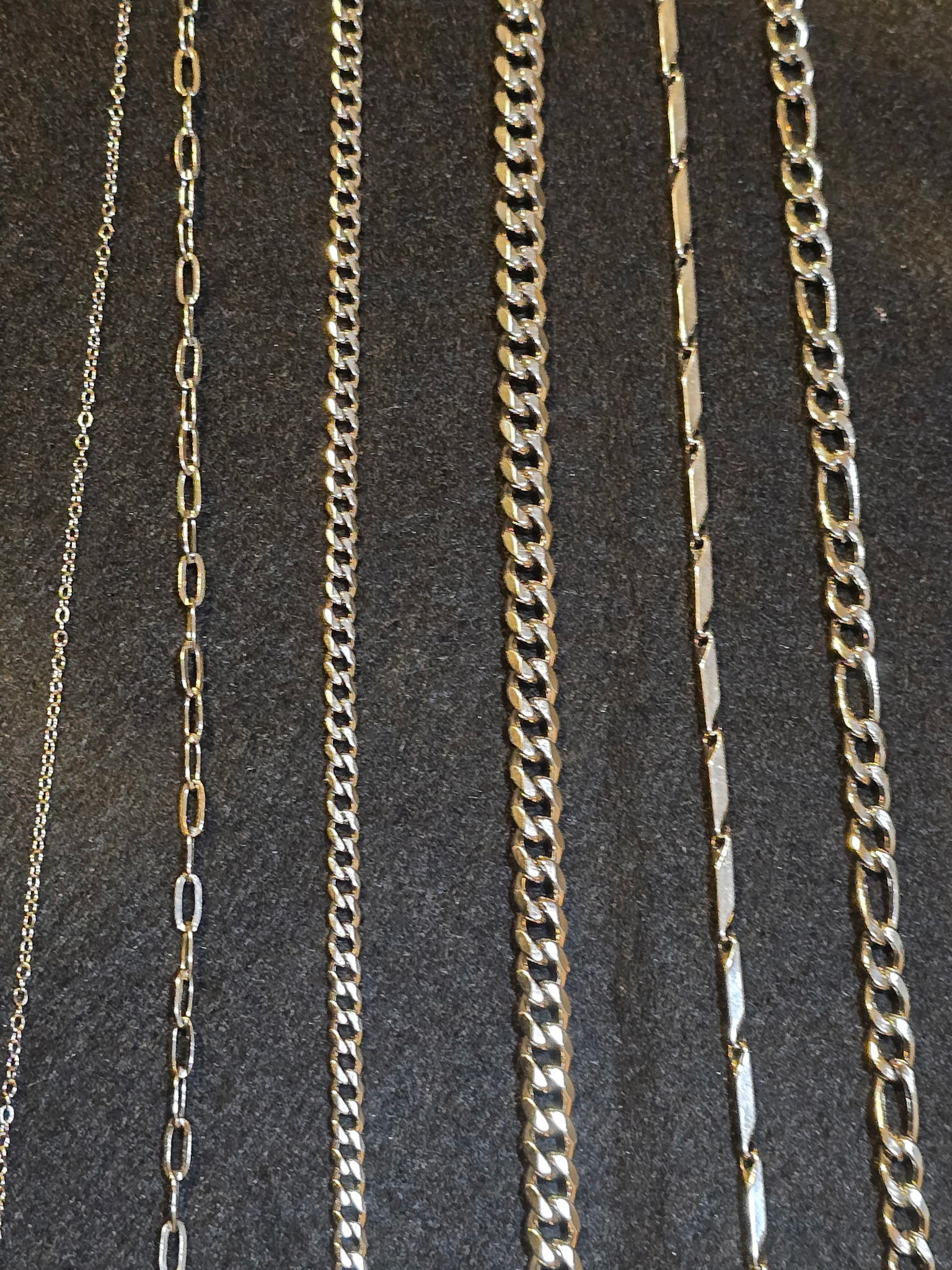 Figaro and elongated link chain close-up, permanent necklace chain options at Eternally Linked Bling
