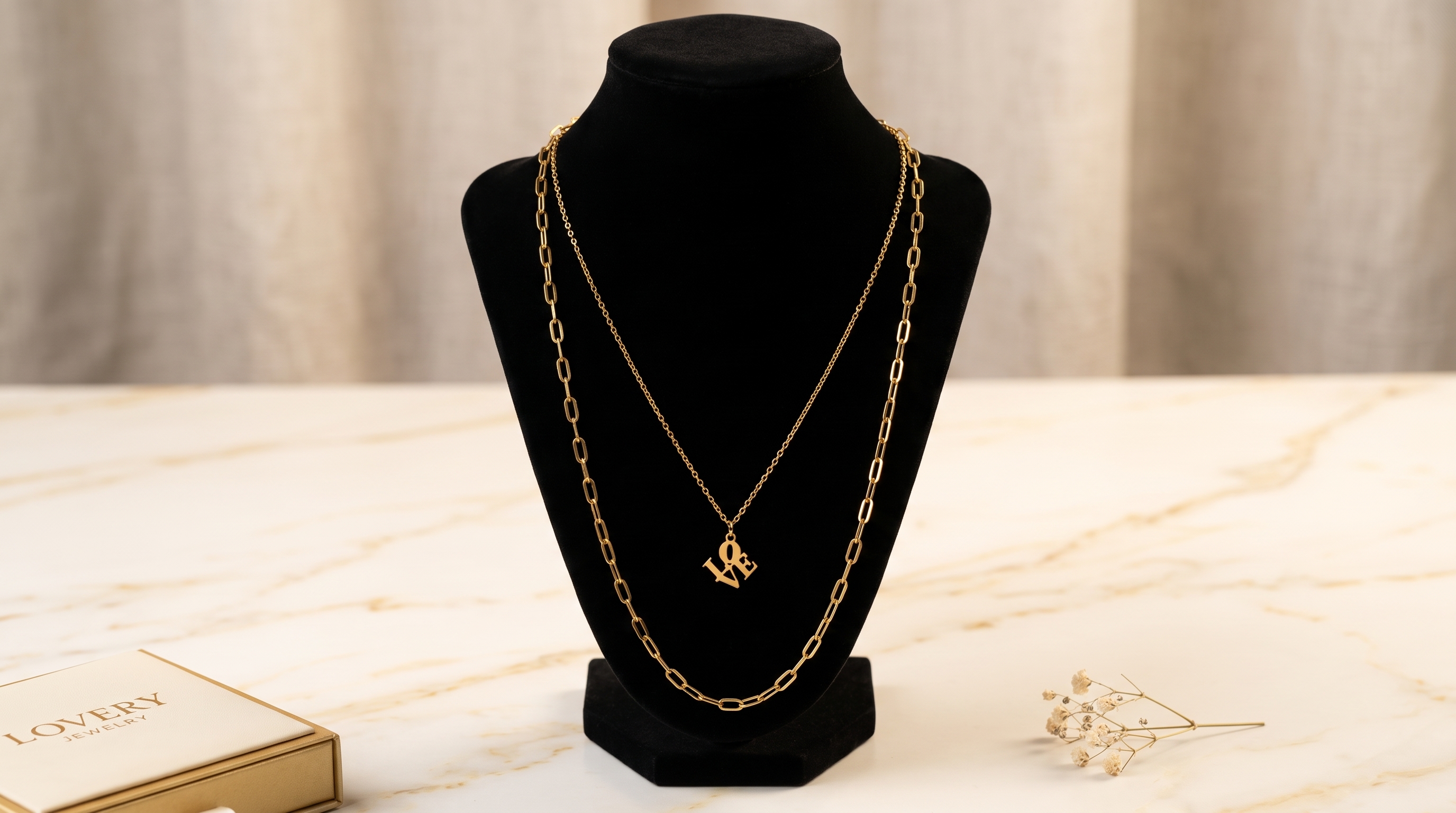 Layered gold permanent necklaces with love charm on a display bust Arizona