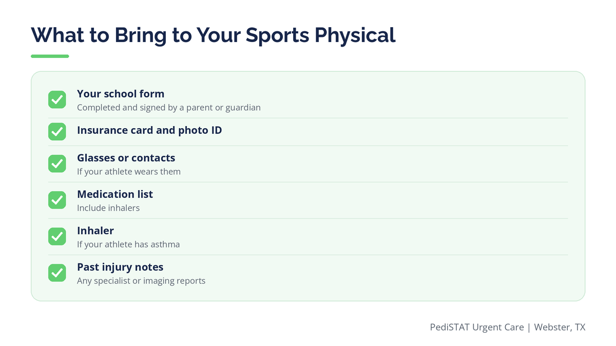 Infographic listing what to bring to a sports physical appointment, including forms, medication list and photo ID