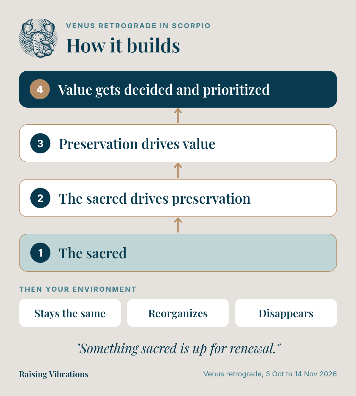 Diagram of how it builds, from the bottom up: the sacred, the sacred drives preservation, preservation drives value, value gets decided and prioritized. Then your environment stays the same, reorganizes or disappears. "Something sacred is up for renewal."