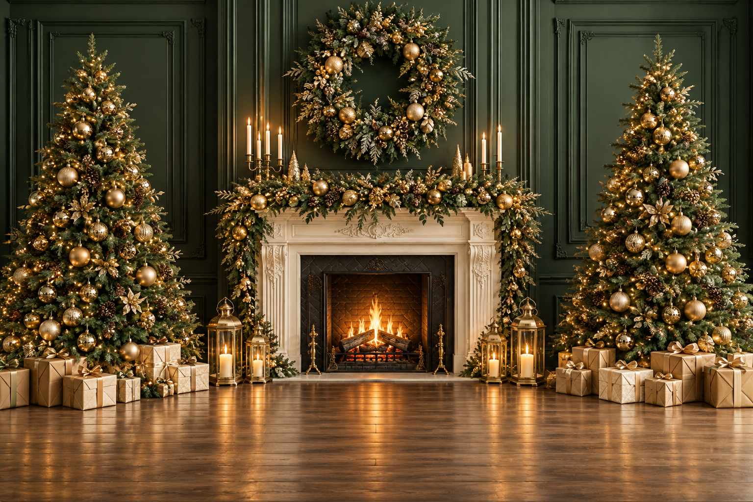 Luxe Evergreen Chritmas photoshoot set at Olessia McGregor Photography studio in Brisbane Bayside - rich green and gold, elegant and atmospheric.
