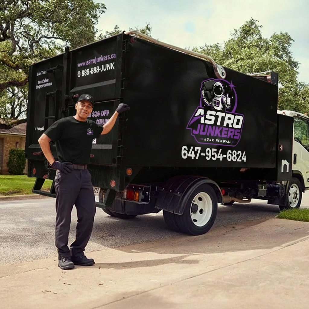 Astro Junkers crew member standing in front of branded junk removal truck