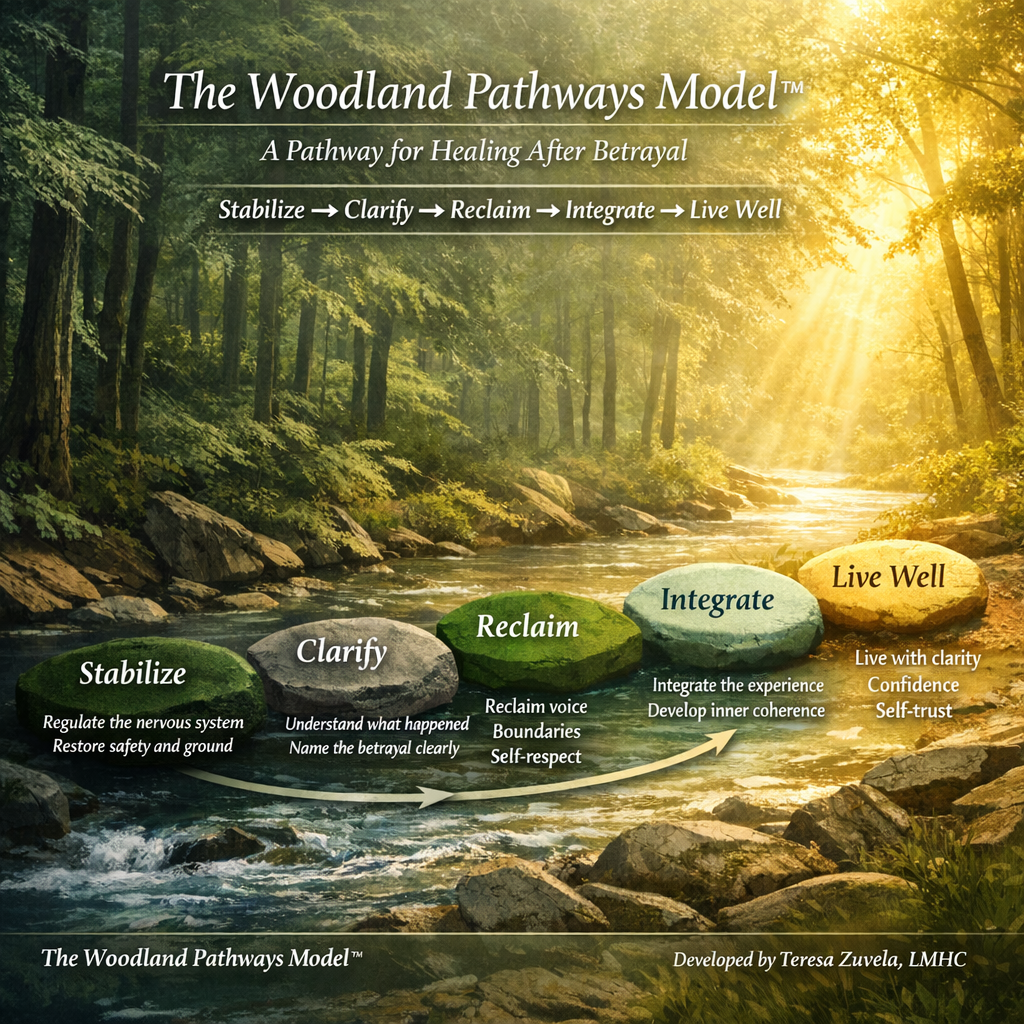 The Woodland Pathways Model &mdash; a pathway for healing after betrayal. Five stepping stones cross a sunlit forest stream: Stabilize (regulate the nervous system, restore safety and ground), Clarify (understand what happened, name the betrayal clearly), Reclaim (reclaim voice, boundaries, self-respect), Integrate (integrate the experience, develop inner coherence), and Live Well (live with clarity, confidence, self-trust). Developed by Teresa Zuvela, LMHC.