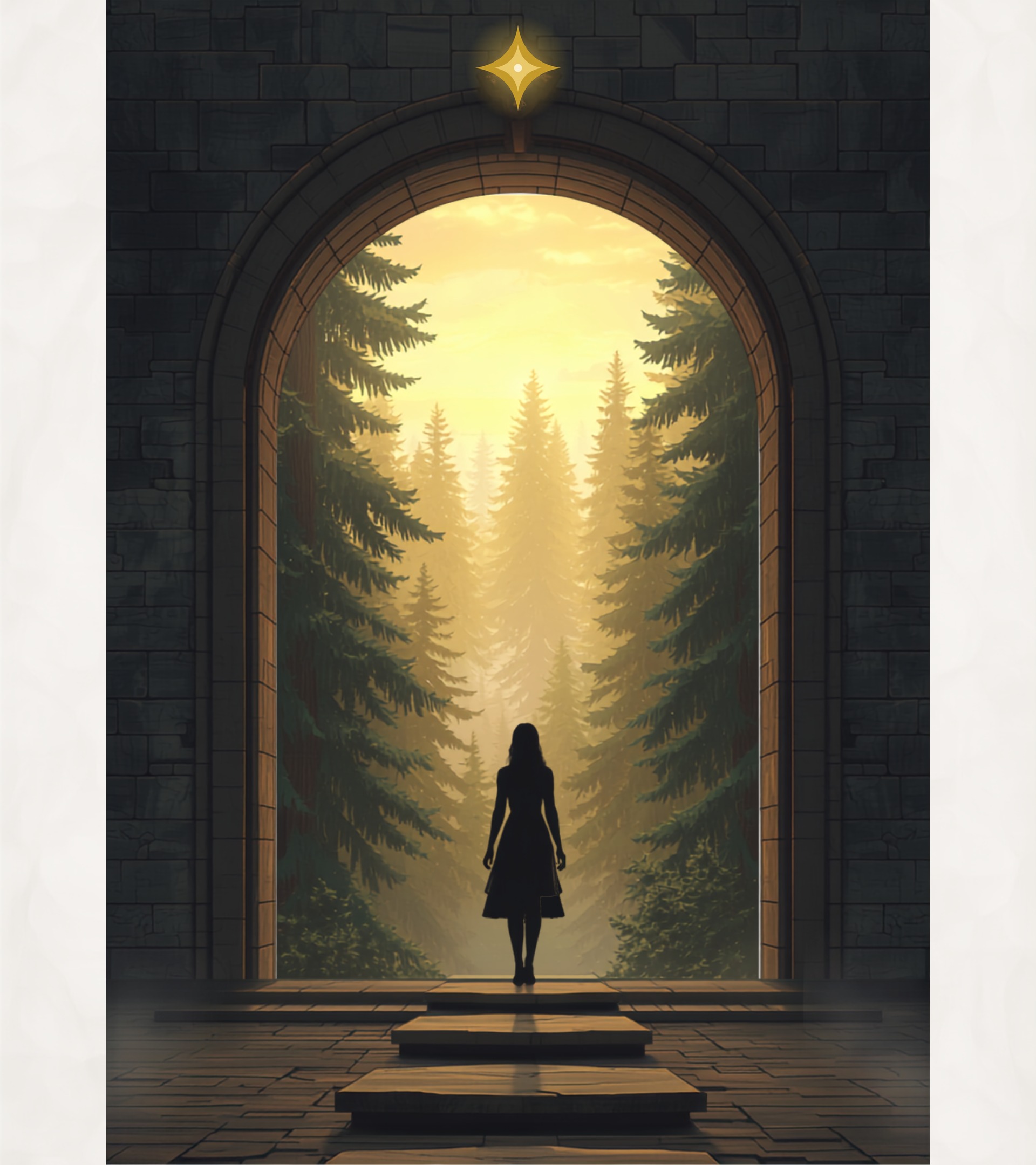 A woman stands at the top of stone steps beneath an archway, facing a golden, mist-lit evergreen forest, a single gold star above the arch.