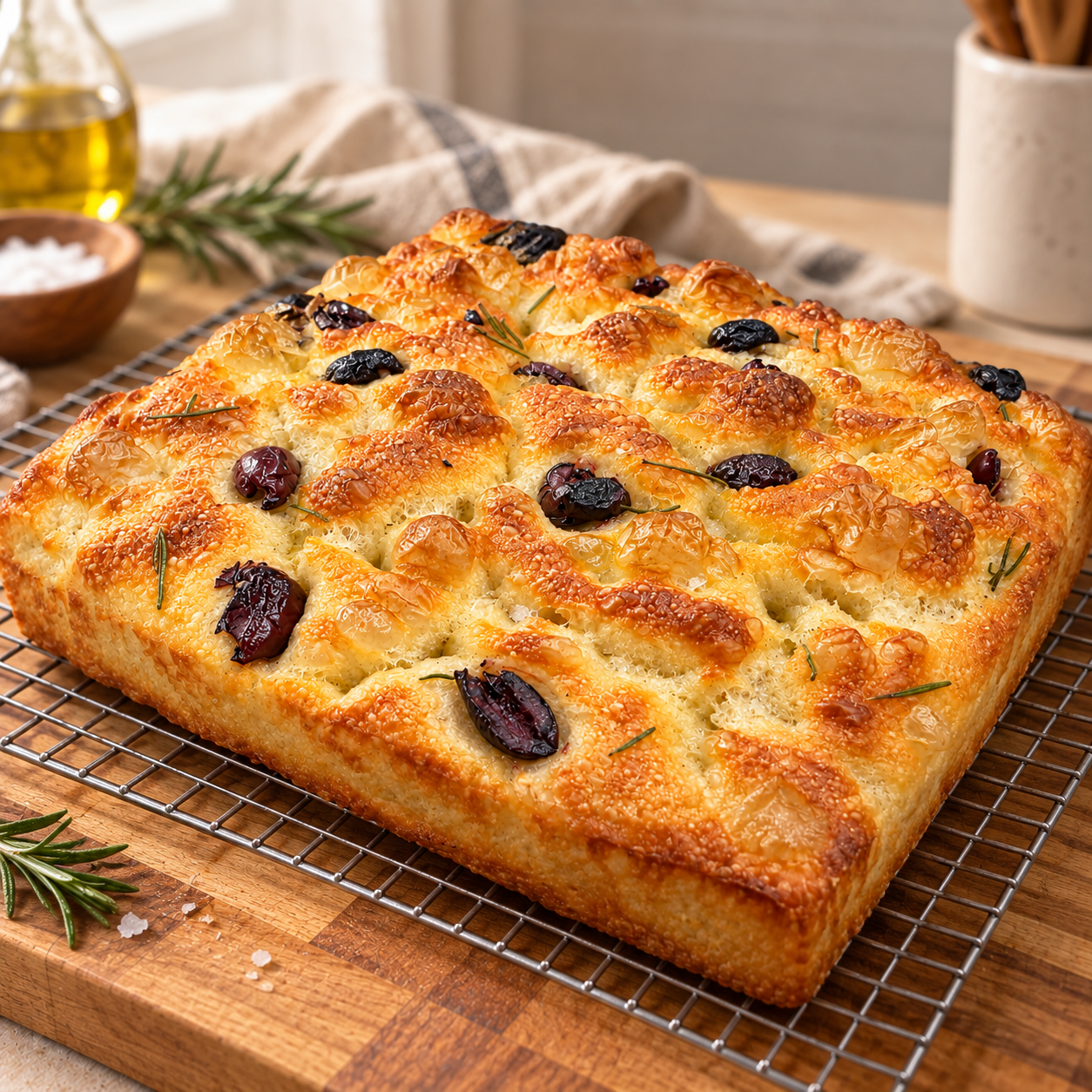 Golden Focaccia with Rosemary and Kalamata olives
