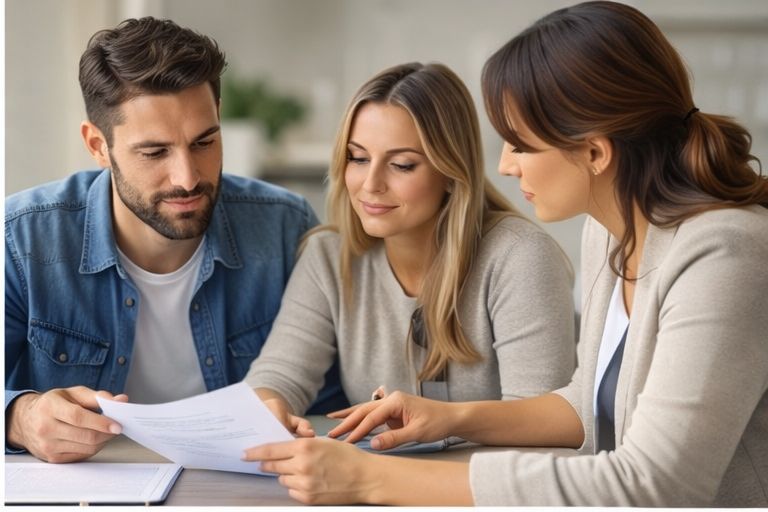 Couple meeting with a Connecticut real estate agent reviewing home buying paperwork at a table, discussing mortgage options, closing costs, and steps to purchase a home in the CT housing market. Couple meeting with a Connecticut real estate agent reviewing home buying paperwork at a table, discussing mortgage options, closing costs, and steps to purchase a home in the CT housing market.