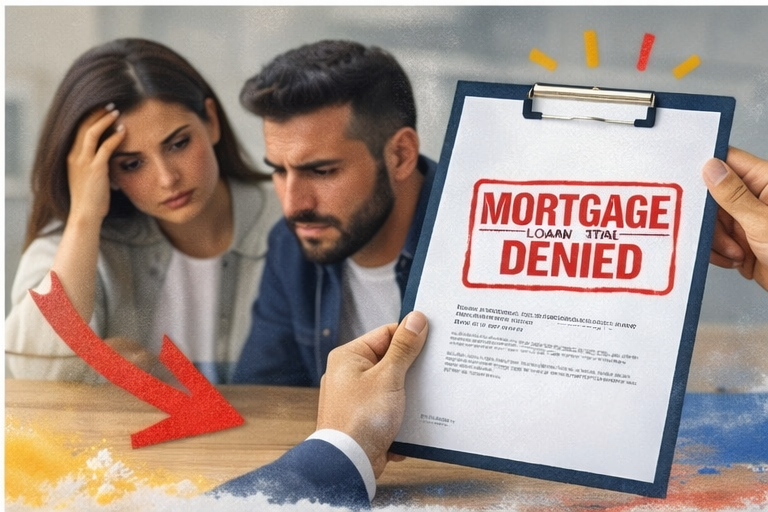Concerned couple reviewing a “mortgage denied” letter, highlighting common reasons for home loan rejection in Connecticut, including credit issues, debt-to-income ratio, and financing challenges for CT homebuyers. Concerned couple reviewing a “mortgage denied” letter, highlighting common reasons for home loan rejection in Connecticut, including credit issues, debt-to-income ratio, and financing challenges for CT homebuyers.
