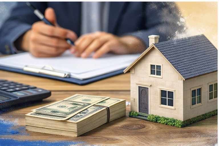 Stack of cash, calculator, and house model on a desk with paperwork, representing down payment requirements, home financing, and budgeting for buying a house in Connecticut real estate market. Stack of cash, calculator, and house model on a desk with paperwork, representing down payment requirements, home financing, and budgeting for buying a house in Connecticut real estate market.