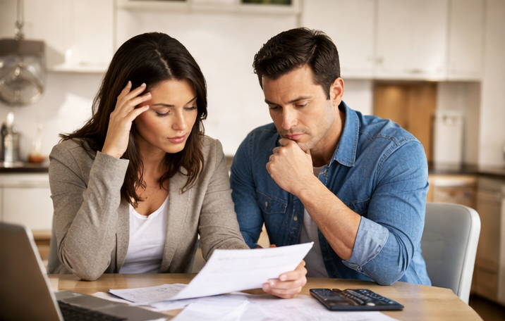 Connecticut home sellers reviewing contract paperwork after buyer financing falls through, discussing next steps in a modern kitchen in Hartford County