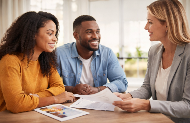 Happy homebuyers meeting with real estate agent reviewing purchase documents, successful relocation planning in Connecticut with expert guidance