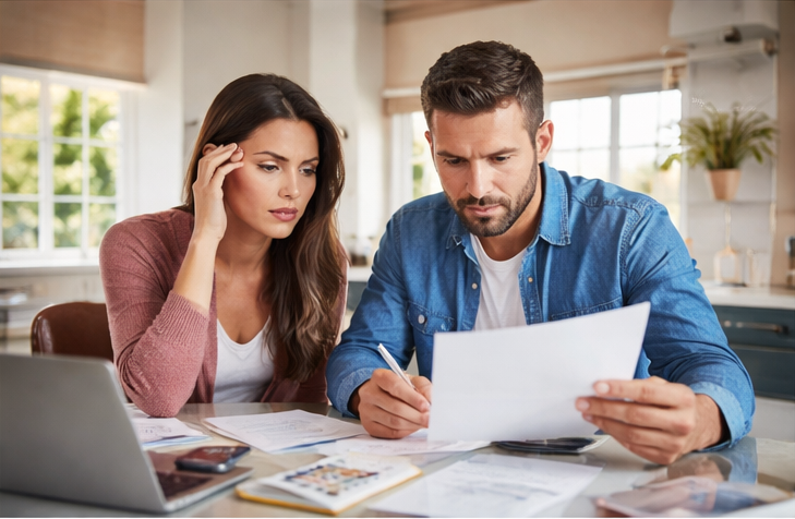 Couple reviewing home buying documents with concern at kitchen table during relocation to Connecticut, highlighting cost and financing mistakes in Hartford County real estate