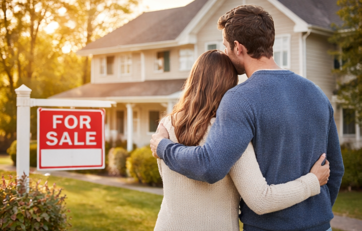 Couple standing outside Connecticut house with for sale sign, evaluating neighborhood and location before buying in Windham County real estate market