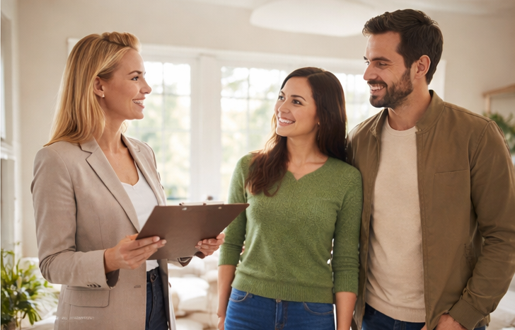 Real estate agent guiding relocating buyers through a modern Connecticut home, helping choose the right location in Middlesex County based on lifestyle and long-term fit