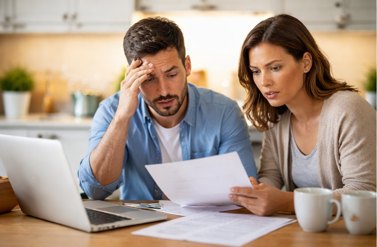 Home sellers reviewing listing documents with concern at kitchen table in Connecticut, showing common pricing and expectation mistakes in Hartford County real estate market