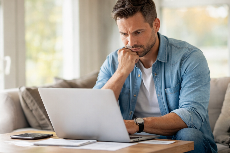 Home seller analyzing property listing data on laptop, evaluating market trends and pricing strategy in Connecticut real estate market