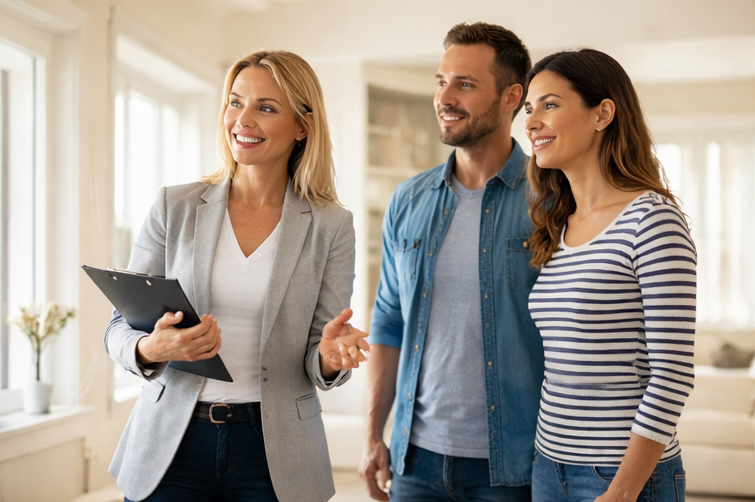 Real estate agent advising home sellers inside a Connecticut property, explaining pricing strategy and market conditions in Middlesex County housing market