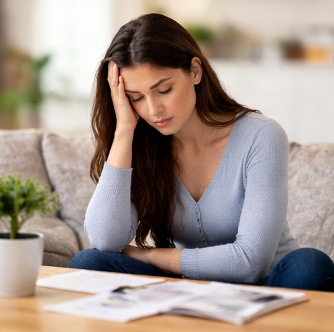 Connecticut buyer feeling stressed reviewing loan paperwork and gift money documentation at home