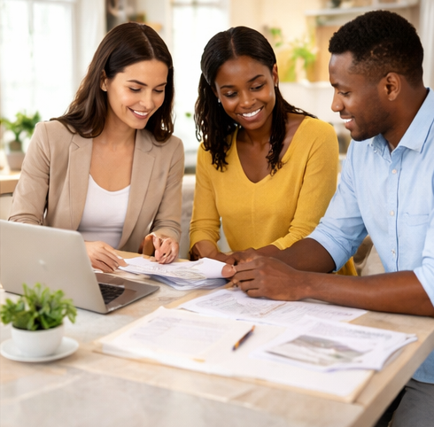 Happy Connecticut homebuyers reviewing approval documents with agent after using gift funds for purchase