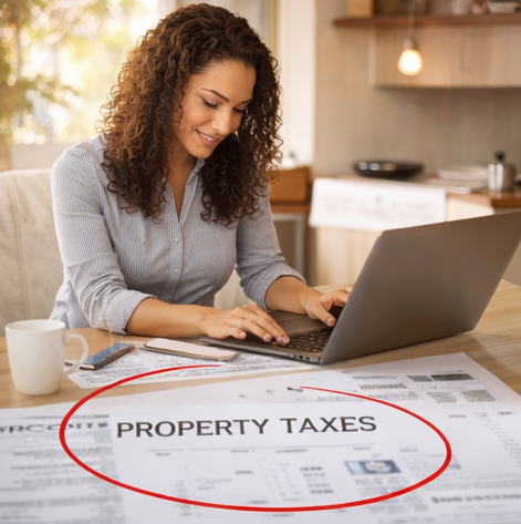 Homebuyer reviewing property taxes and monthly housing costs online, a key factor in Connecticut cost of living by county comparison
