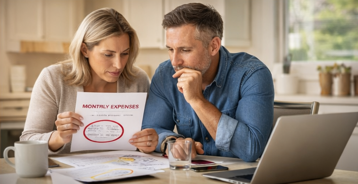 Couple reviewing monthly housing costs and mortgage estimate at kitchen table in Connecticut home, discussing affordability and cost of living differences by county Couple reviewing monthly housing costs and mortgage estimate at kitchen table in Connecticut home, discussing affordability and cost of living differences by county