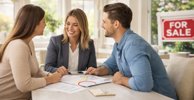 Homebuyers meeting with real estate agent in Connecticut discussing home prices, property taxes, and cost of living across different counties Homebuyers meeting with real estate agent in Connecticut discussing home prices, property taxes, and cost of living across different counties