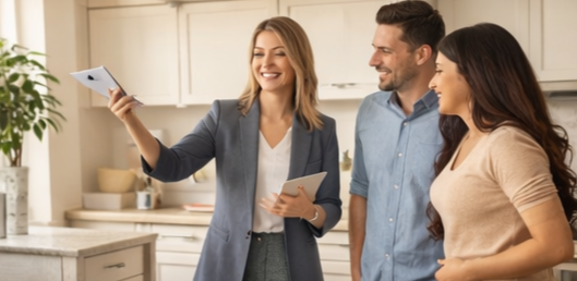 Real estate agent showing a modern Connecticut kitchen to buyers, explaining home value, location benefits, and cost of living differences Real estate agent showing a modern Connecticut kitchen to buyers, explaining home value, location benefits, and cost of living differences