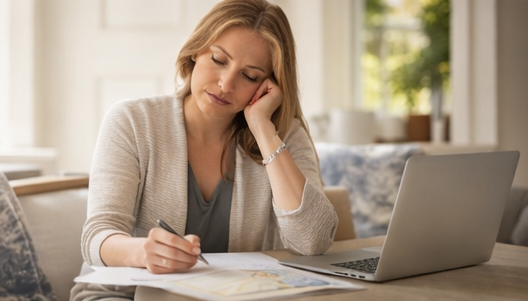 Woman reviewing budget and housing expenses on laptop in Connecticut, planning move based on property taxes and cost of living by county Woman reviewing budget and housing expenses on laptop in Connecticut, planning move based on property taxes and cost of living by county