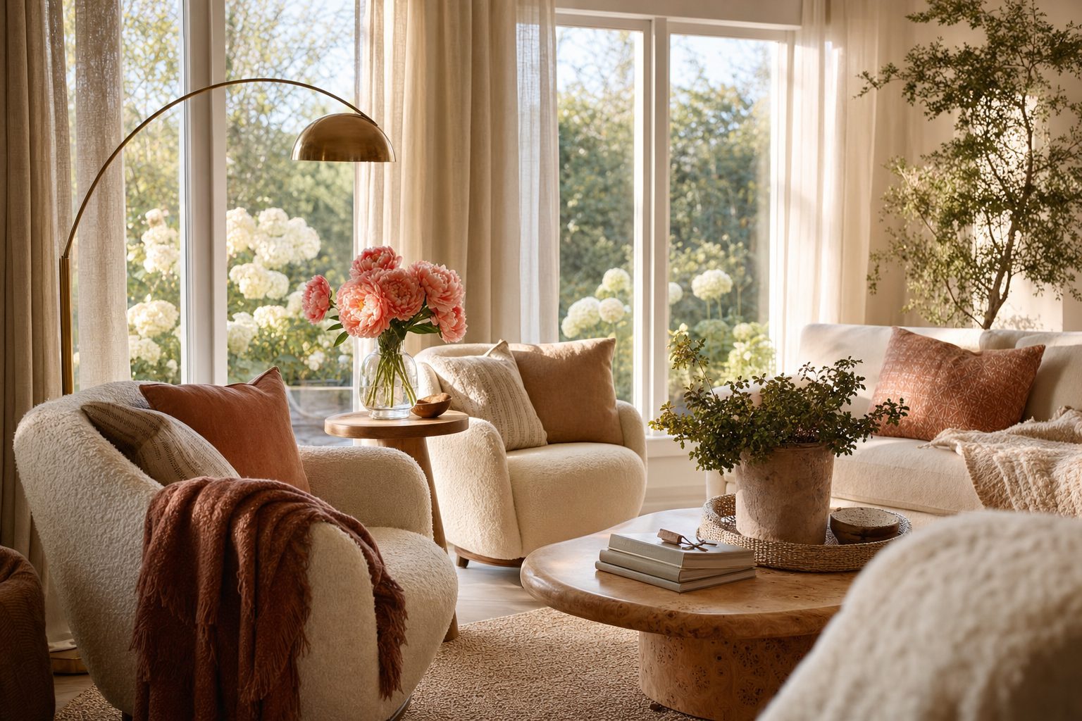 Sunlit living room with cream boucle chairs, a terracotta throw and peonies