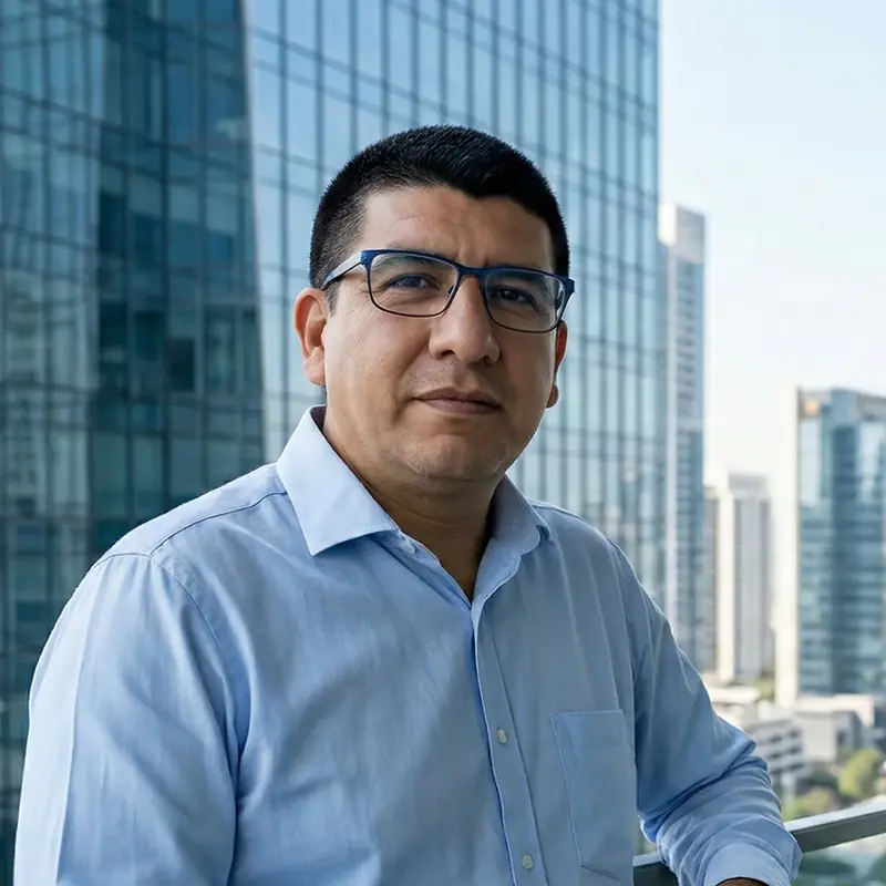 Luis Betancur, fundador de Sin Límitess, con camisa azul claro en un balcón frente a los edificios de la ciudad