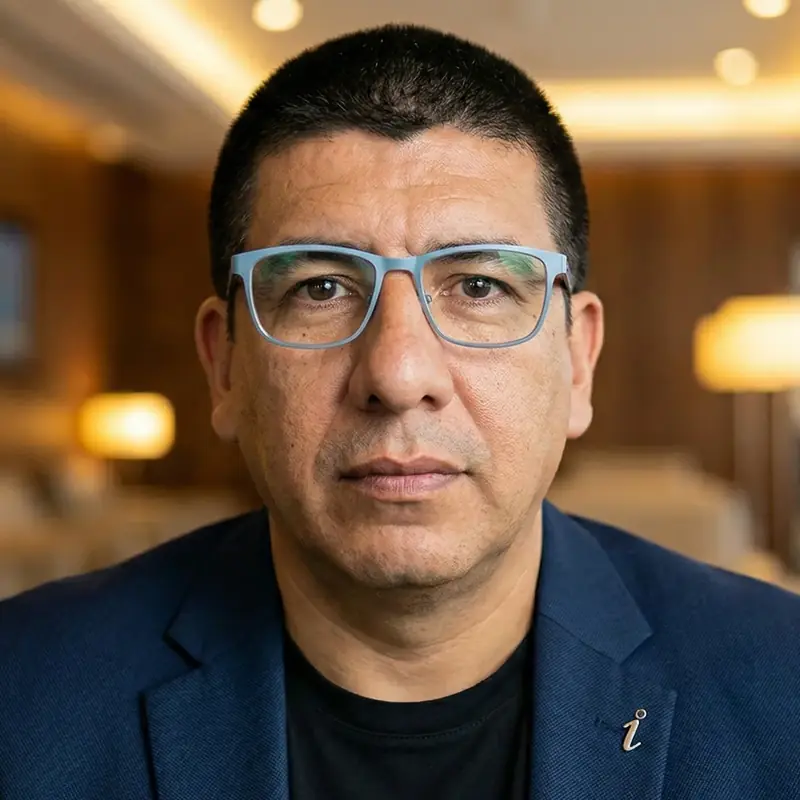 Retrato de Luis Betancur con chaqueta azul, mirando a la cámara