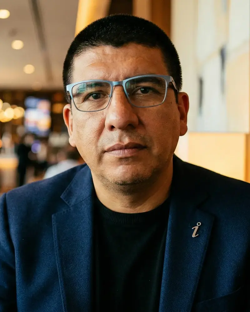 Retrato de Luis Betancur con chaqueta azul en un lounge de madera