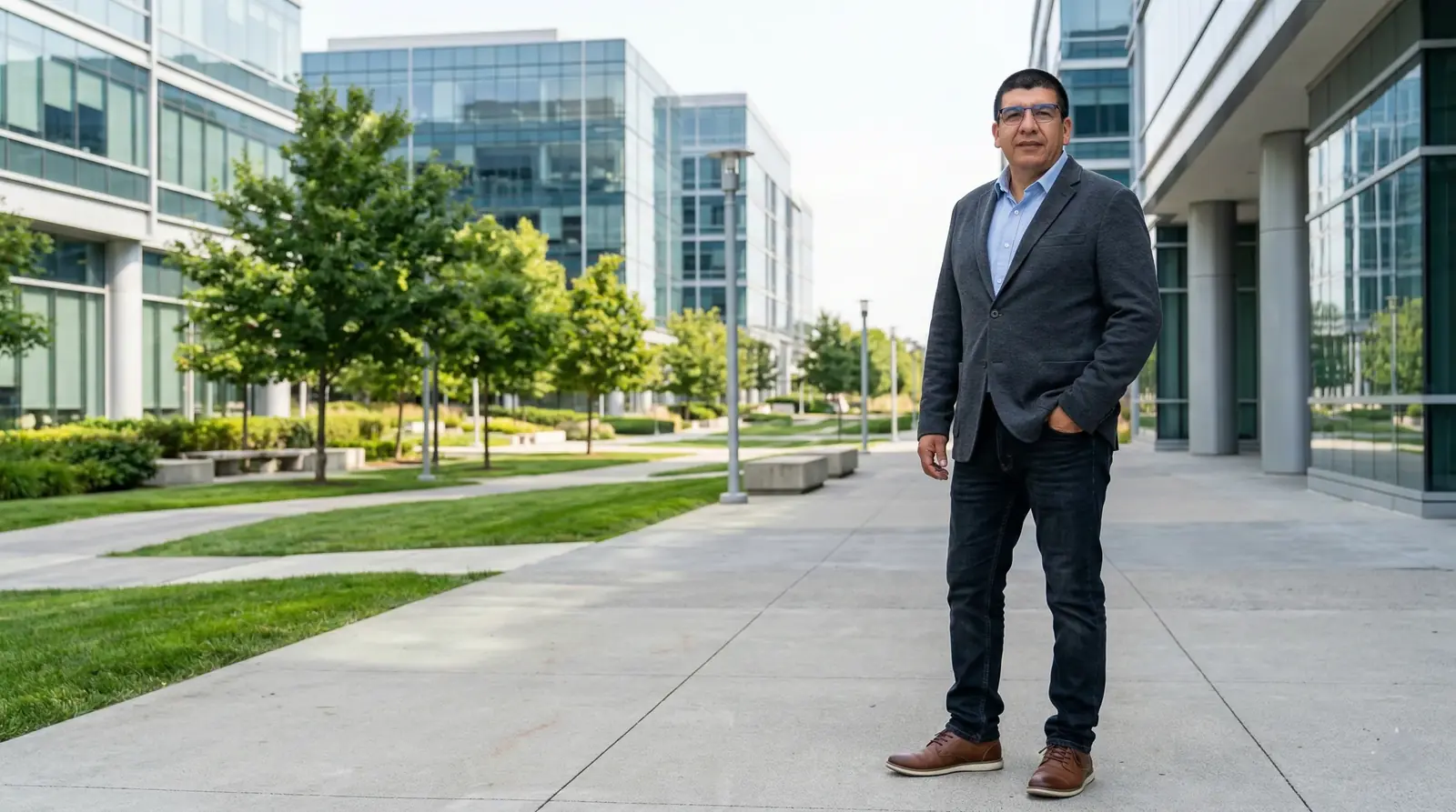 Luis Betancur, fundador de Sin Límitess, de pie en un parque empresarial entre edificios de vidrio