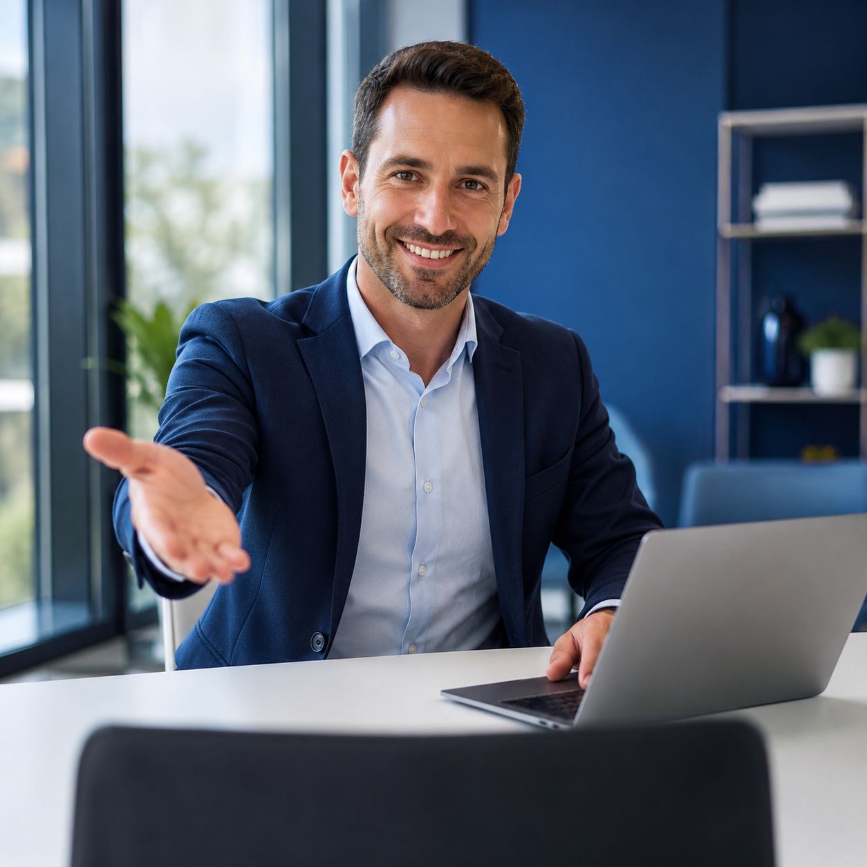 Welcoming male accountant in a navy blazer inviting a client to sit across from his desk in a bright modern office.