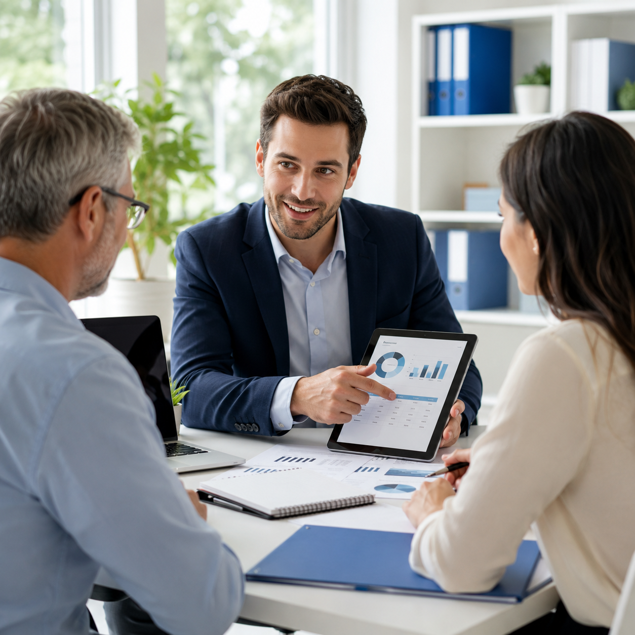 DSC Accounting professional reviewing financial reports with business and individual clients in a bright modern office.