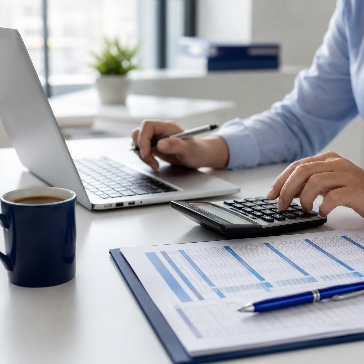 Accountant using a calculator beside a laptop and pricing worksheet on a clean white desk in a bright modern office.