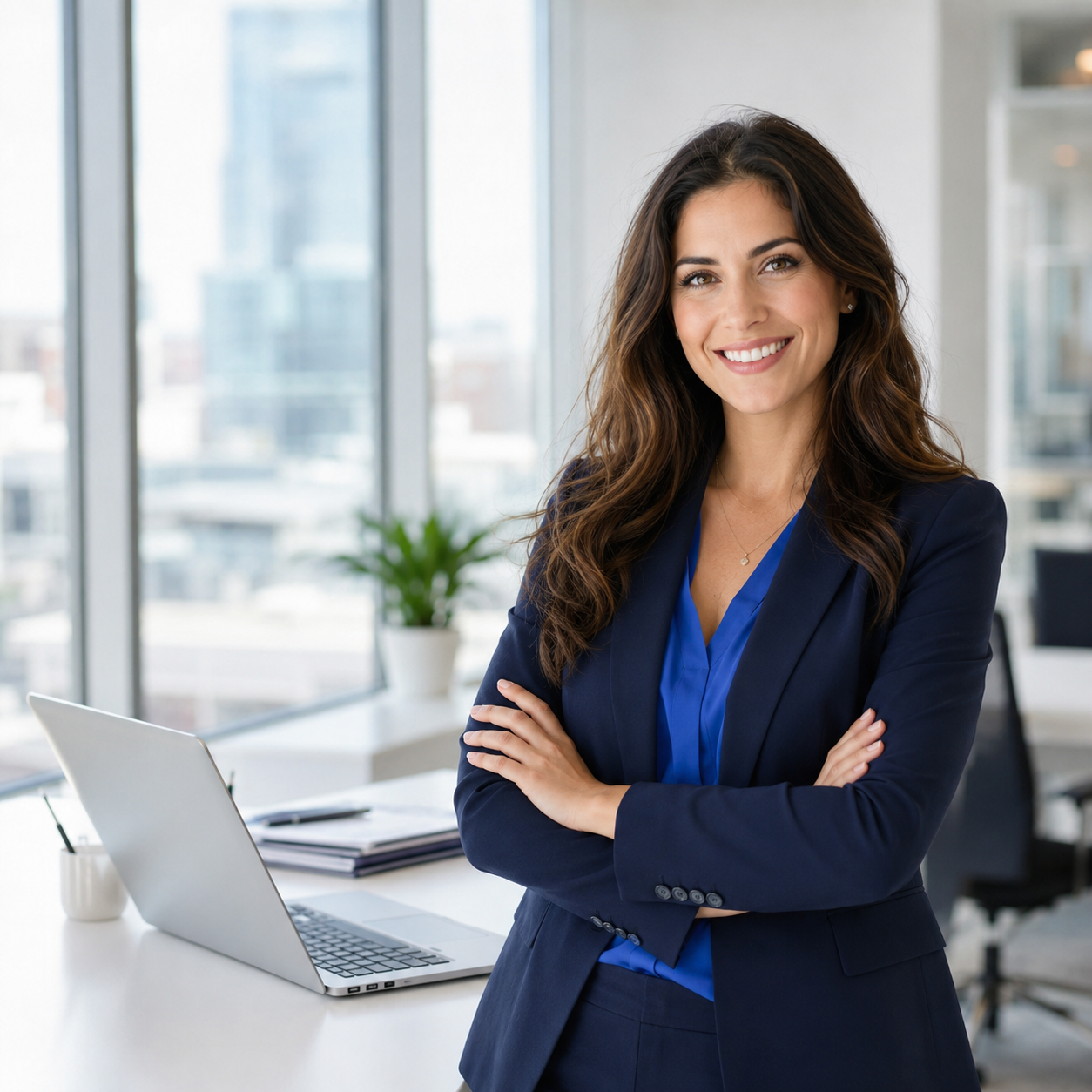 Confident female accountant in a navy blazer standing beside a laptop in a bright modern office.