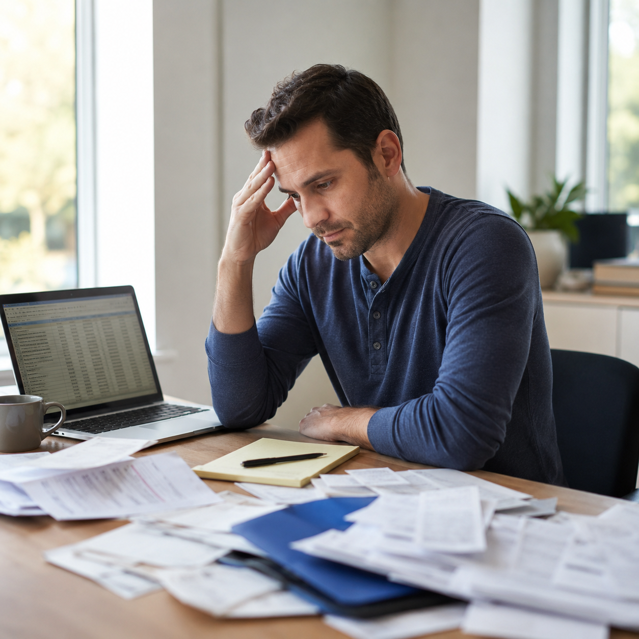 Small business owner reviewing financial documents and a spreadsheet at a cluttered desk in a bright home office.