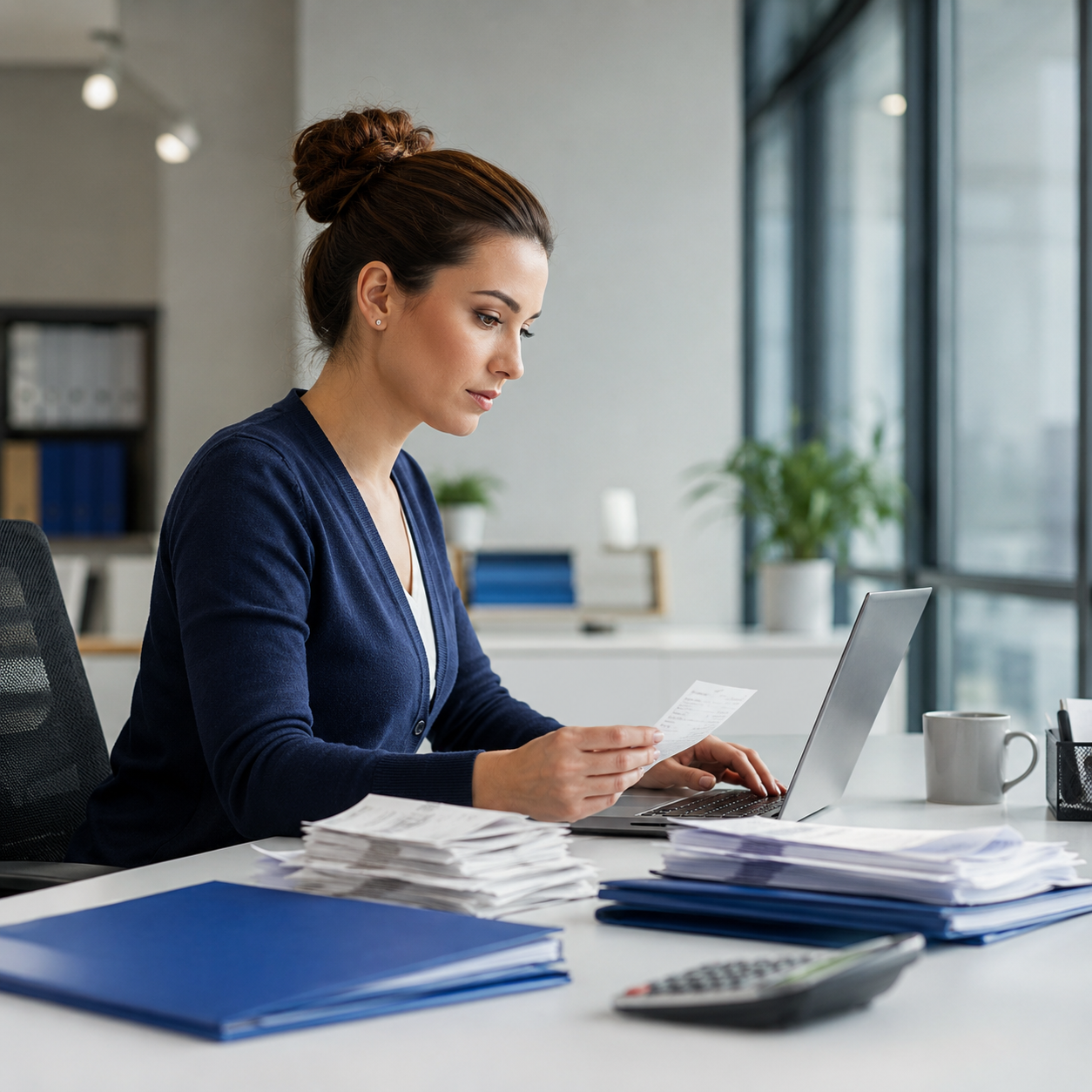Focused female bookkeeper working at a laptop with organized receipts and bank statements on a white desk in a bright modern office.
