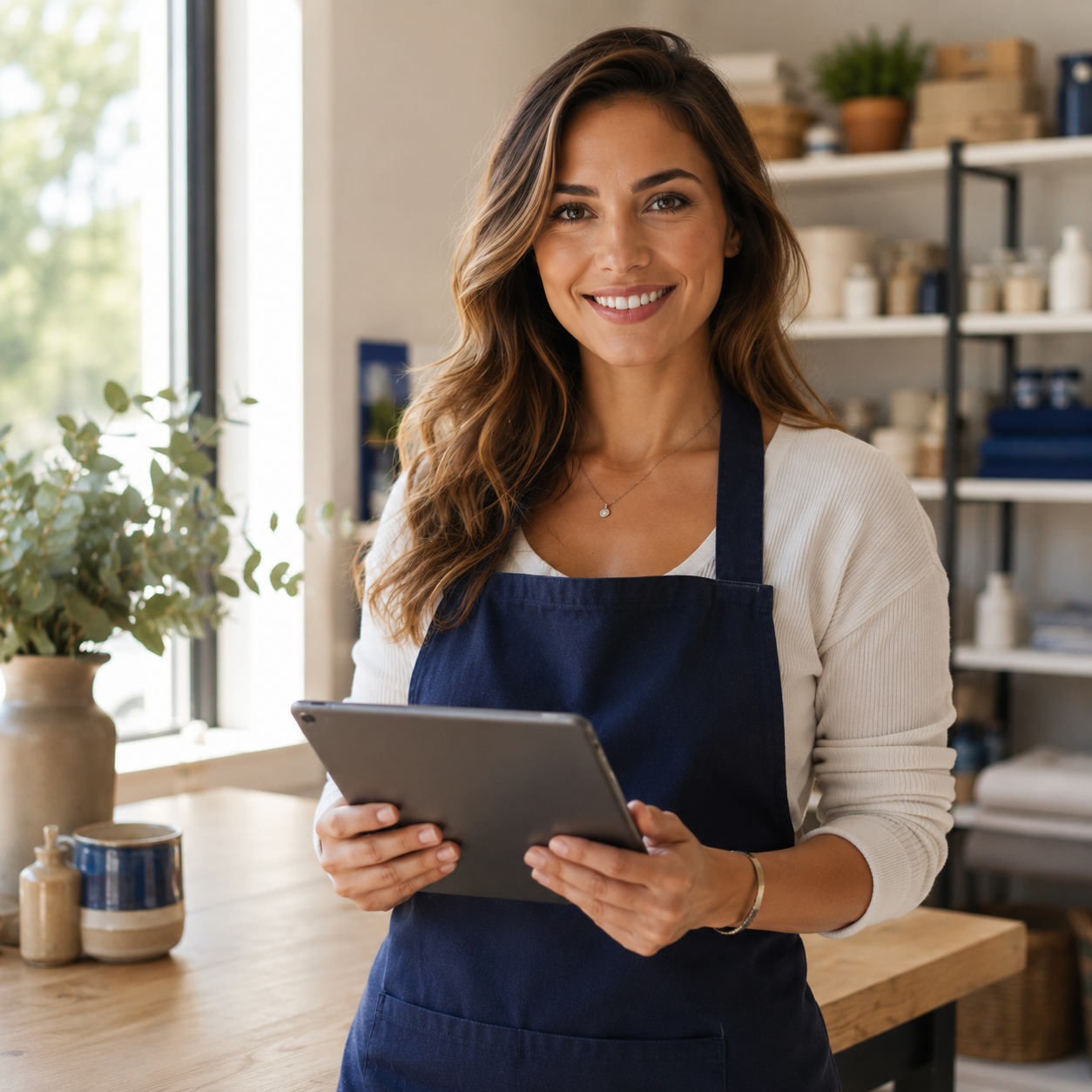 Confident female small business owner holding a tablet in a bright, organized workshop with navy blue accents.