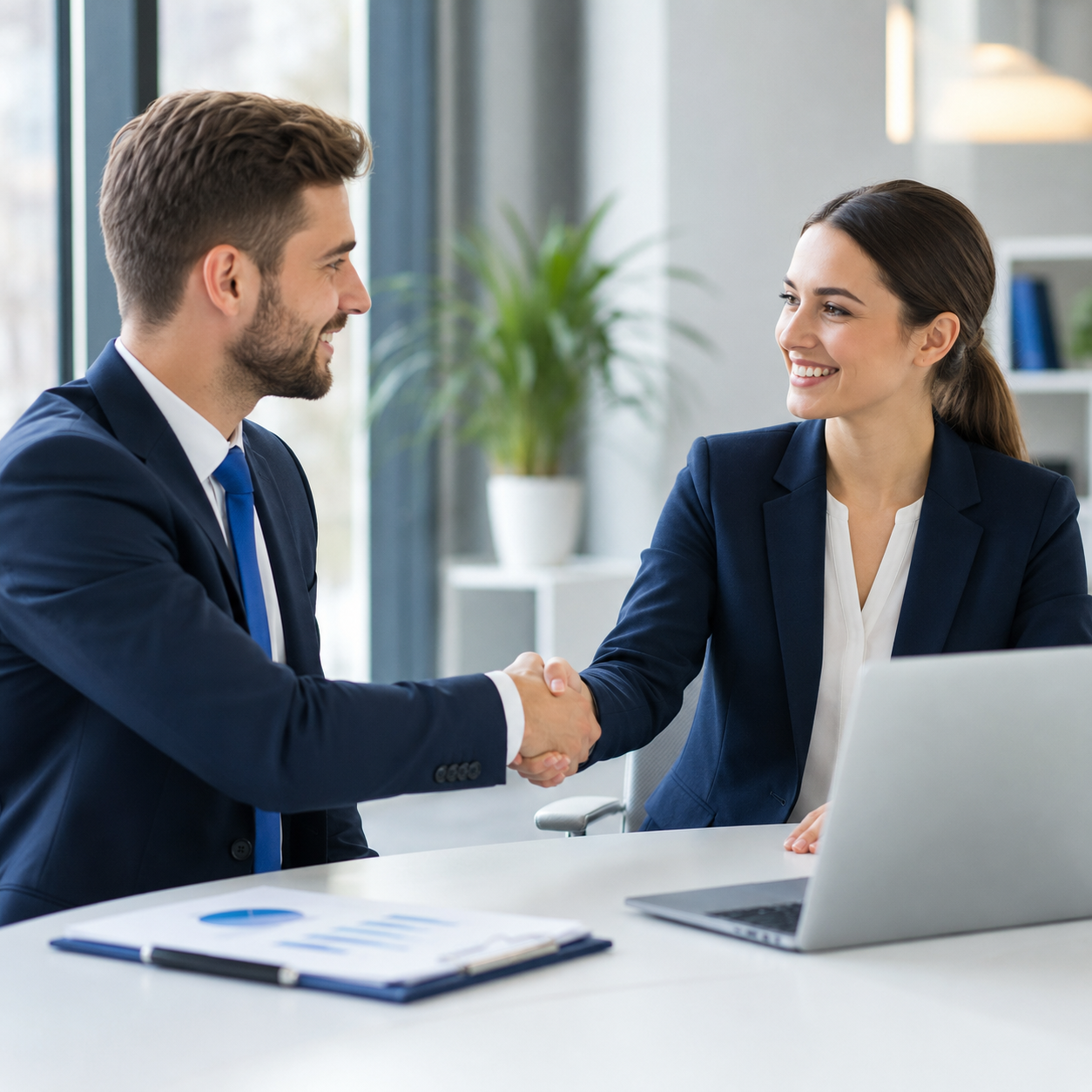 Two accounting professionals shaking hands across a desk in a bright modern office, representing trust and partnership.